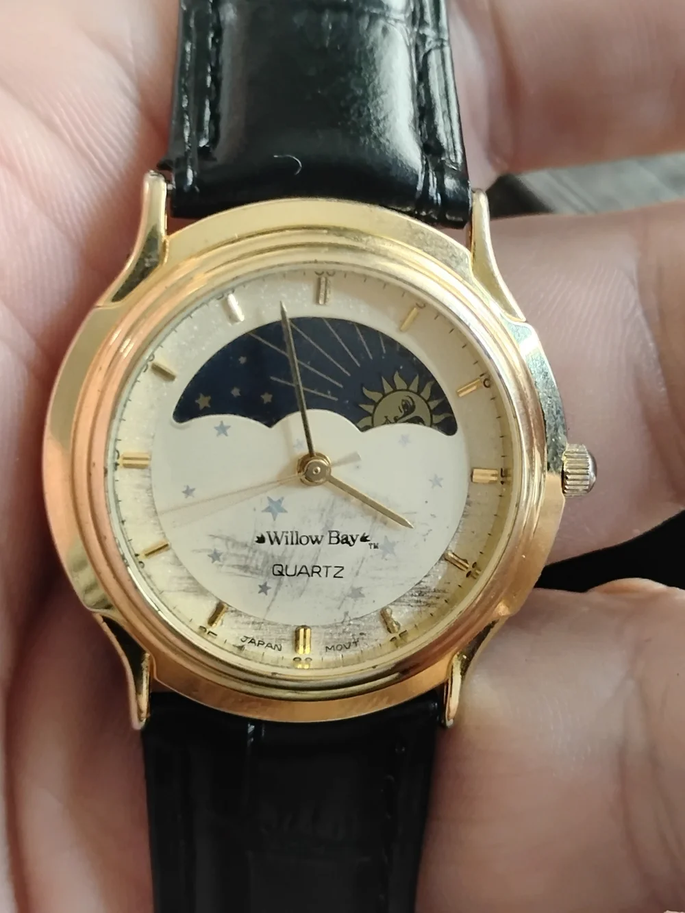 Willow Bay Gold-Tone Quartz Watch with Black Leather Strap